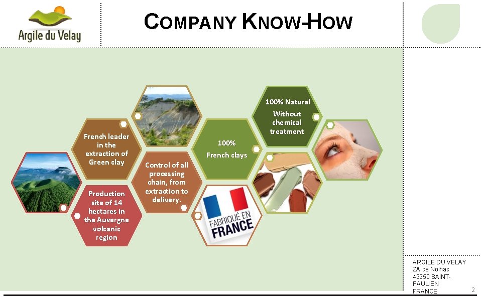 COMPANY KNOW-HOW French leader in the extraction of Green clay Production site of 14
