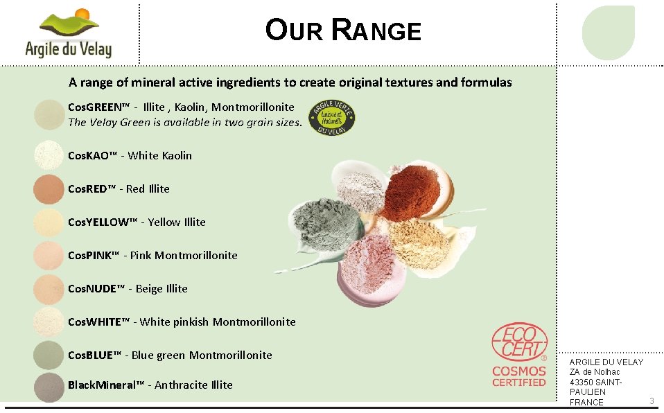 OUR RANGE A range of mineral active ingredients to create original textures and formulas