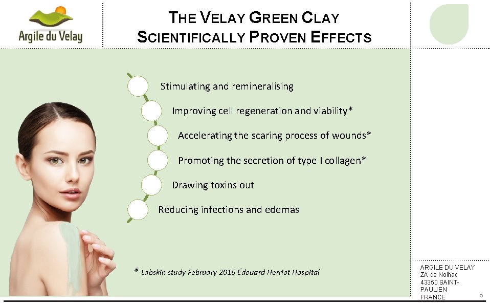 THE VELAY GREEN CLAY SCIENTIFICALLY PROVEN EFFECTS Stimulating and remineralising Improving cell regeneration and