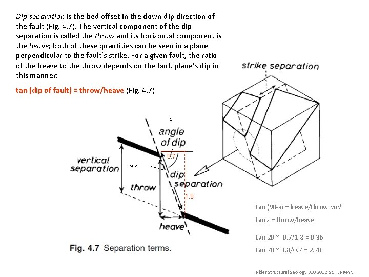 Dip separation is the bed offset in the down dip direction of the fault