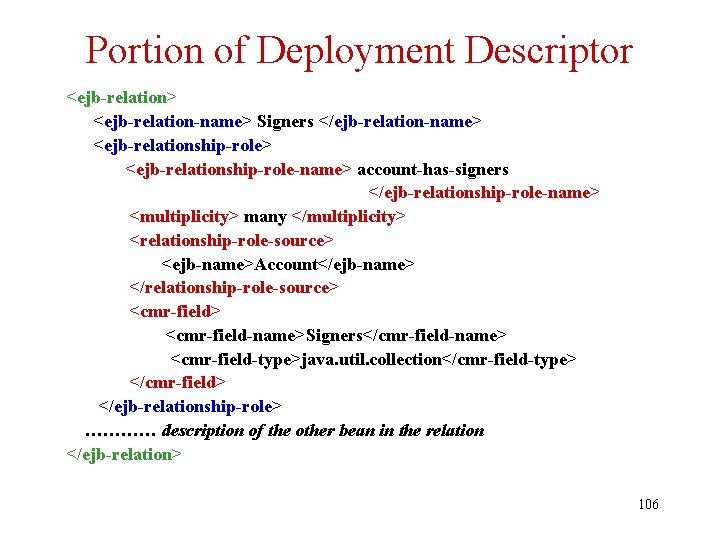 Portion of Deployment Descriptor <ejb-relation> <ejb-relation-name> Signers </ejb-relation-name> <ejb-relationship-role-name> account-has-signers </ejb-relationship-role-name> <multiplicity> many </multiplicity>