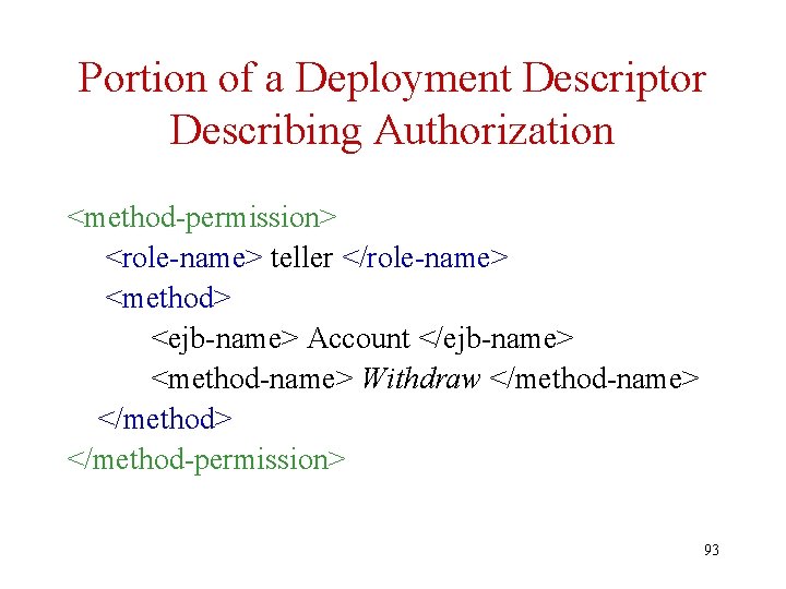 Portion of a Deployment Descriptor Describing Authorization <method-permission> <role-name> teller </role-name> <method> <ejb-name> Account