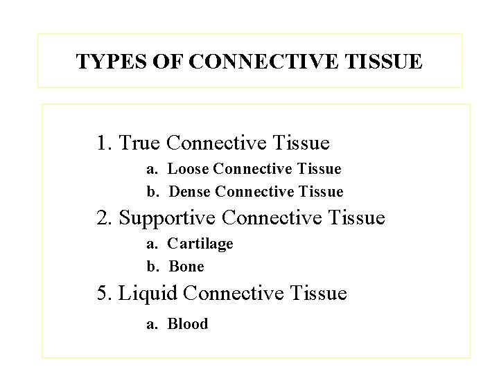 TYPES OF CONNECTIVE TISSUE 1. True Connective Tissue a. Loose Connective Tissue b. Dense