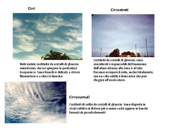 Cirri Cirrostrati Nubi isolate costituite da cristalli di ghiaccio minutissimi, che ne spiegano la