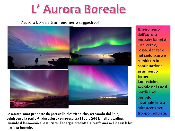 L’ Aurora Boreale L’aurora boreale è un fenomeno suggestivo! Le aurore sono prodotte da