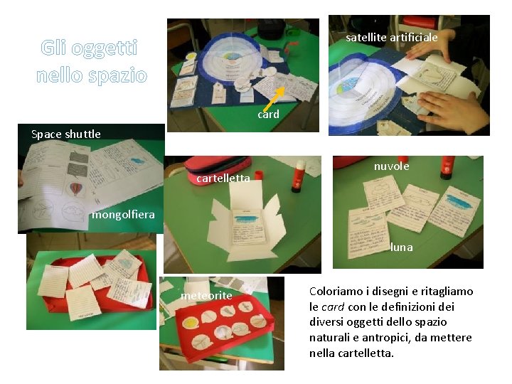 satellite artificiale Gli oggetti nello spazio card Space shuttle cartelletta nuvole mongolfiera luna meteorite