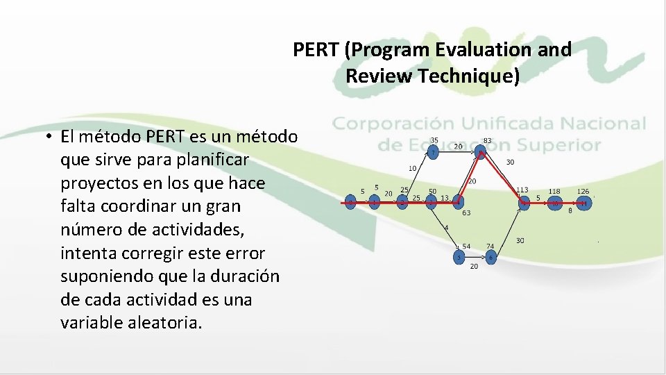 PERT (Program Evaluation and Review Technique) • El método PERT es un método que