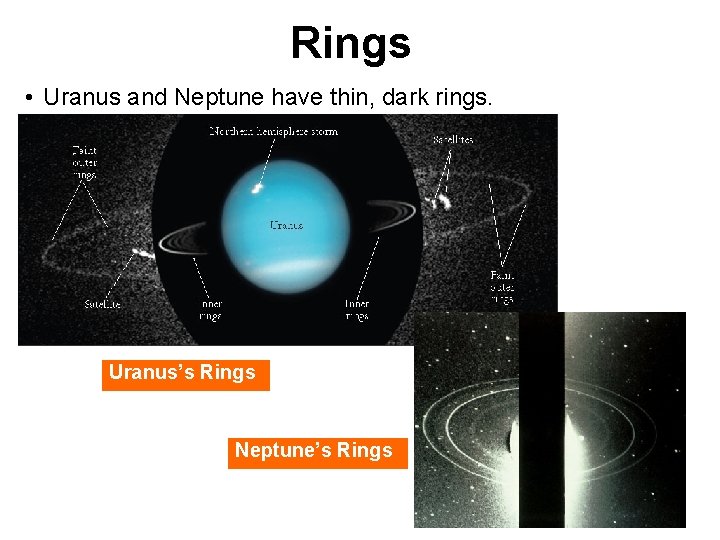 Rings • Uranus and Neptune have thin, dark rings. Uranus’s Rings Neptune’s Rings Rings • Uranus and Neptune have thin, dark rings. Uranus’s Rings Neptune’s Rings