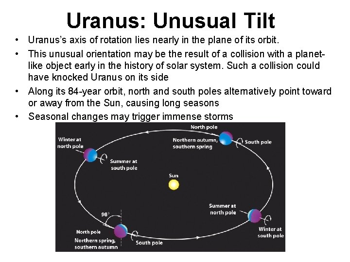Uranus: Unusual Tilt • Uranus’s axis of rotation lies nearly in the plane of Uranus: Unusual Tilt • Uranus’s axis of rotation lies nearly in the plane of