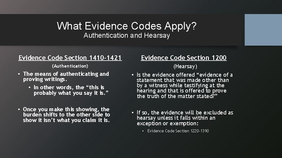 What Evidence Codes Apply? Authentication and Hearsay Evidence Code Section 1410 -1421 (Authentication) •