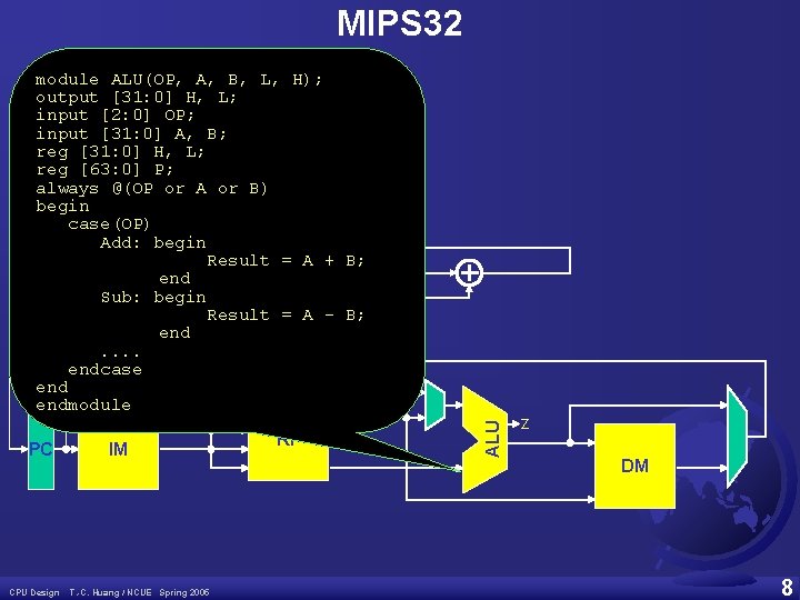 MIPS 32 PC CPU Design IM T. -C. Huang / NCUE Spring 2005 RF