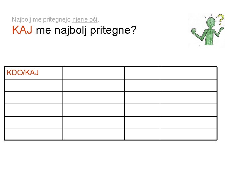 Najbolj me pritegnejo njene oči. KAJ me najbolj pritegne? KDO/KAJ KJE/KAM/KOD KAKŠEN ČEMU KOGA/ČESA Najbolj me pritegnejo njene oči. KAJ me najbolj pritegne? KDO/KAJ KJE/KAM/KOD KAKŠEN ČEMU KOGA/ČESA