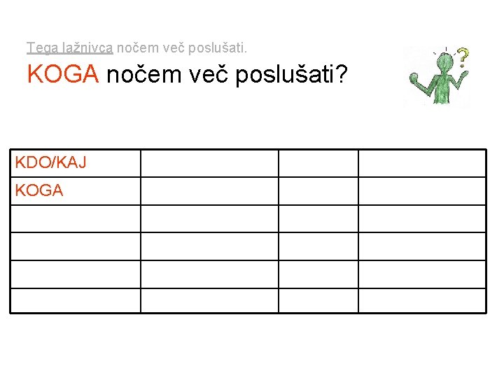 Tega lažnivca nočem več poslušati. KOGA nočem več poslušati? KDO/KAJ KJE/KAM/KOD KAKŠEN ČEMU KOGA/ČESA Tega lažnivca nočem več poslušati. KOGA nočem več poslušati? KDO/KAJ KJE/KAM/KOD KAKŠEN ČEMU KOGA/ČESA