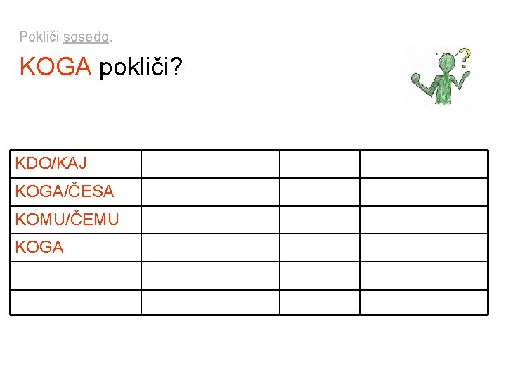 Pokliči sosedo. KOGA pokliči? KDO/KAJ KJE/KAM/KOD KAKŠEN ČEMU KOGA/ČESA KDAJ/OD KDAJ KATERI KOMU/ČEMU KAKO Pokliči sosedo. KOGA pokliči? KDO/KAJ KJE/KAM/KOD KAKŠEN ČEMU KOGA/ČESA KDAJ/OD KDAJ KATERI KOMU/ČEMU KAKO