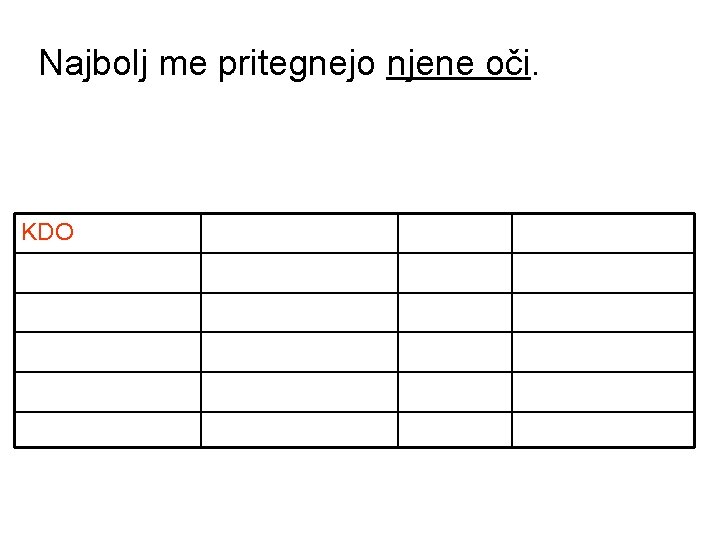 Najbolj me pritegnejo njene oči. KDO/KAJ KJE/KAM/KOD KAKŠEN ČEMU KOGA/ČESA KDAJ/OD KDAJ KATERI KOMU/ČEMU Najbolj me pritegnejo njene oči. KDO/KAJ KJE/KAM/KOD KAKŠEN ČEMU KOGA/ČESA KDAJ/OD KDAJ KATERI KOMU/ČEMU