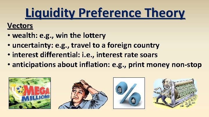 Liquidity Preference Theory Vectors • wealth: e. g. , win the lottery • uncertainty: