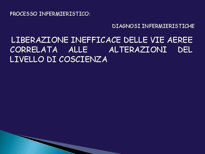 PROCESSO INFERMIERISTICO: DIAGNOSI INFERMIERISTICHE LIBERAZIONE INEFFICACE DELLE VIE AEREE CORRELATA ALLE ALTERAZIONI DEL LIVELLO