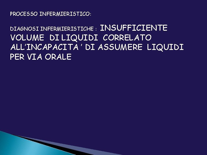 PROCESSO INFERMIERISTICO: INSUFFICIENTE VOLUME DI LIQUIDI CORRELATO ALL’INCAPACITA ’ DI ASSUMERE LIQUIDI PER VIA