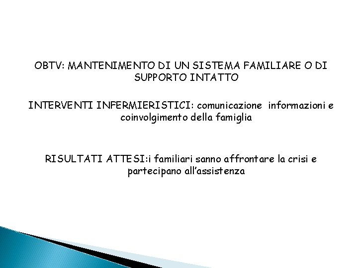 OBTV: MANTENIMENTO DI UN SISTEMA FAMILIARE O DI SUPPORTO INTATTO INTERVENTI INFERMIERISTICI: comunicazione informazioni