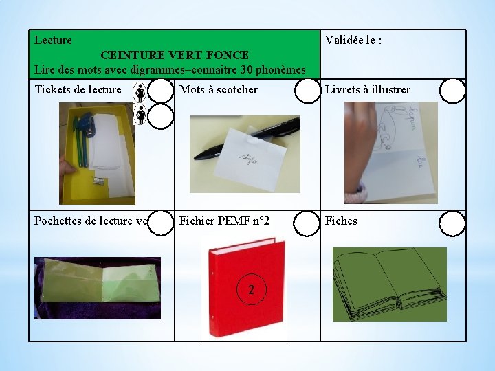 Lecture Validée le : CEINTURE VERT FONCE Lire des mots avec digrammes–connaitre 30 phonèmes