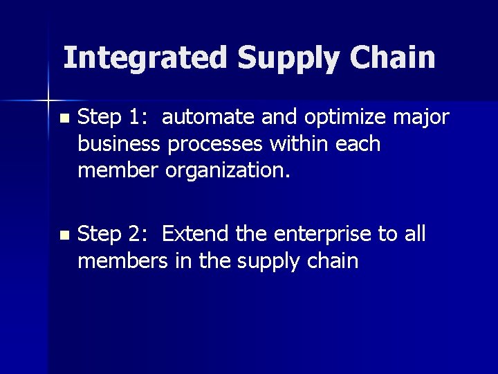 Integrated Supply Chain n Step 1: automate and optimize major business processes within each