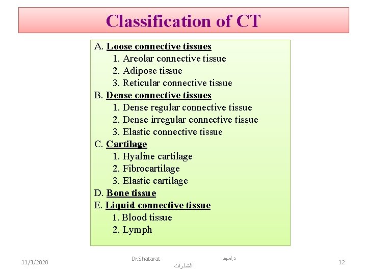 Classification of CT A. Loose connective tissues 1. Areolar connective tissue 2. Adipose tissue