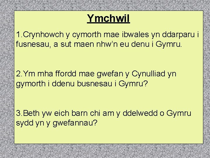 Ymchwil 1. Crynhowch y cymorth mae ibwales yn ddarparu i fusnesau, a sut maen