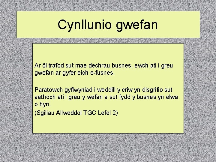 Cynllunio gwefan Ar ôl trafod sut mae dechrau busnes, ewch ati i greu gwefan