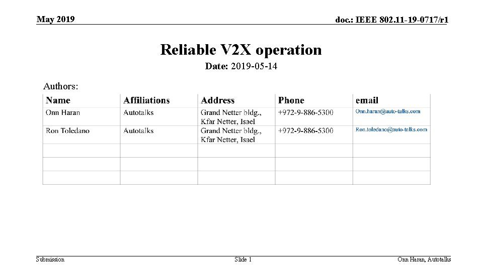 May 2019 doc. : IEEE 802. 11 -19 -0717/r 1 Reliable V 2 X