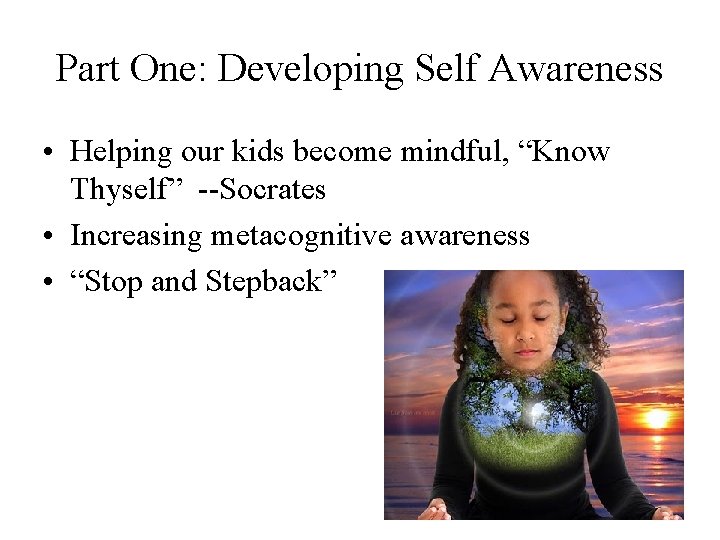 Part One: Developing Self Awareness • Helping our kids become mindful, “Know Thyself” --Socrates