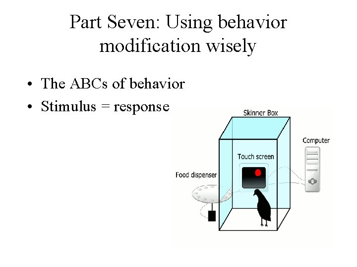 Part Seven: Using behavior modification wisely • The ABCs of behavior • Stimulus =