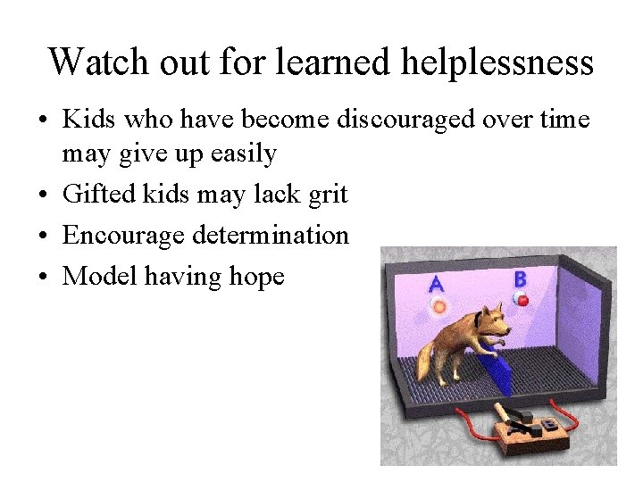 Watch out for learned helplessness • Kids who have become discouraged over time may