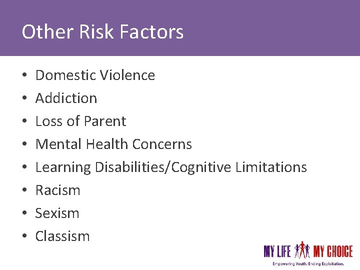Other Risk Factors • • Domestic Violence Addiction Loss of Parent Mental Health Concerns