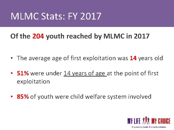 MLMC Stats: FY 2017 Of the 204 youth reached by MLMC in 2017 •
