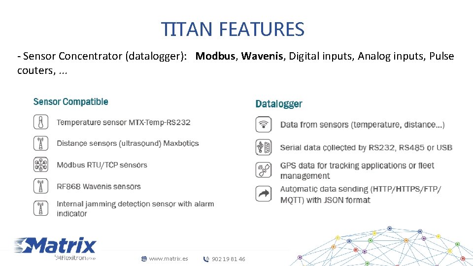 TITAN FEATURES - Sensor Concentrator (datalogger): Modbus, Wavenis, Digital inputs, Analog inputs, Pulse couters,