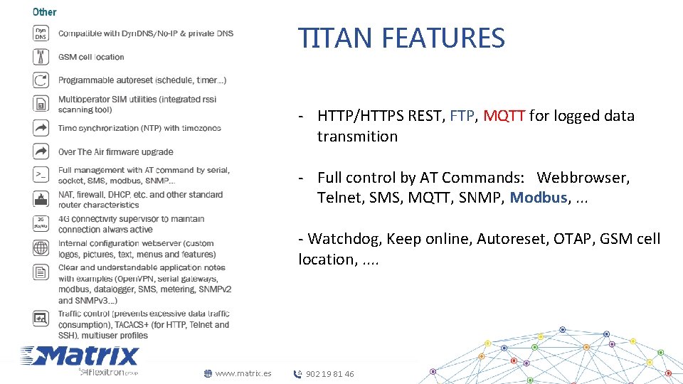 TITAN FEATURES - HTTP/HTTPS REST, FTP, MQTT for logged data transmition - Full control