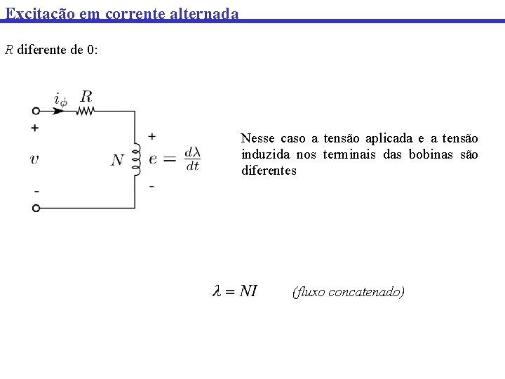 Excitação em corrente alternada R diferente de 0: Nesse caso a tensão aplicada e