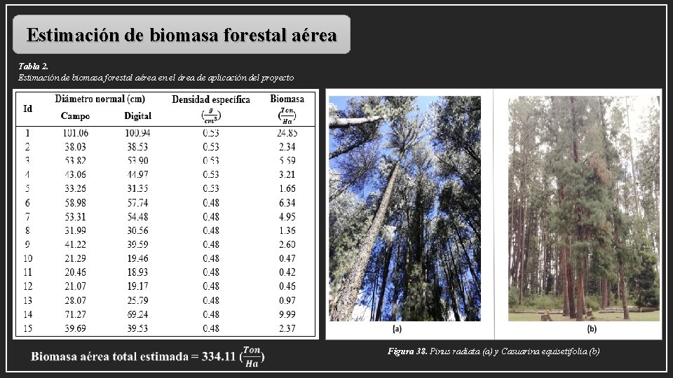 Estimación de biomasa forestal aérea Tabla 2. Estimación de biomasa forestal aérea en el