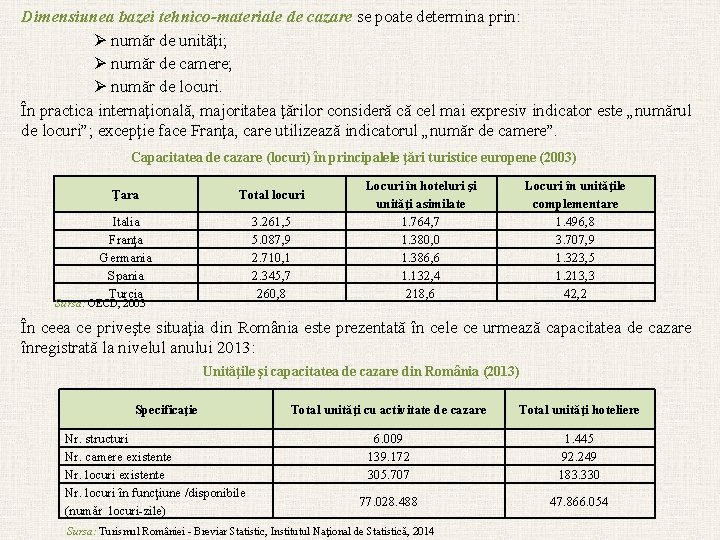 Dimensiunea bazei tehnico-materiale de cazare se poate determina prin: Ø număr de unităţi; Ø