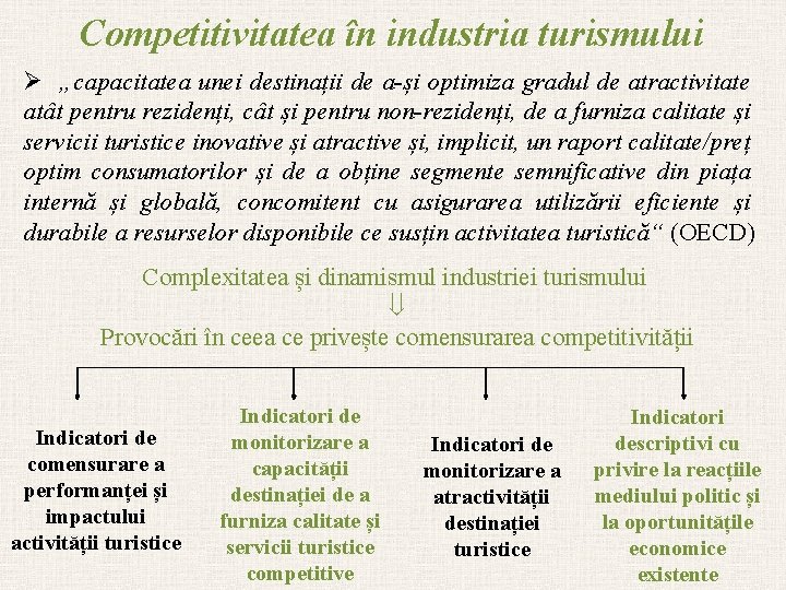 Competitivitatea în industria turismului Ø „capacitatea unei destinații de a-și optimiza gradul de atractivitate