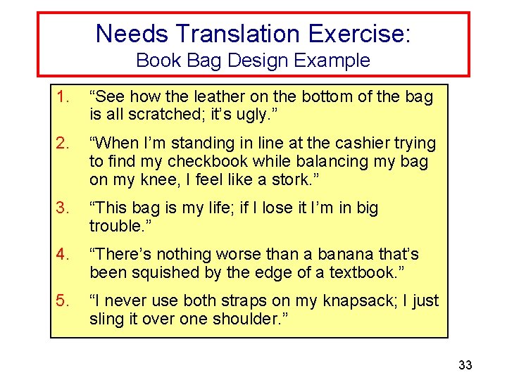 Needs Translation Exercise: Book Bag Design Example 1. “See how the leather on the