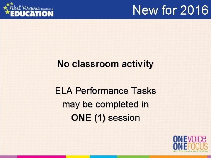 New for 2016 No classroom activity ELA Performance Tasks may be completed in ONE