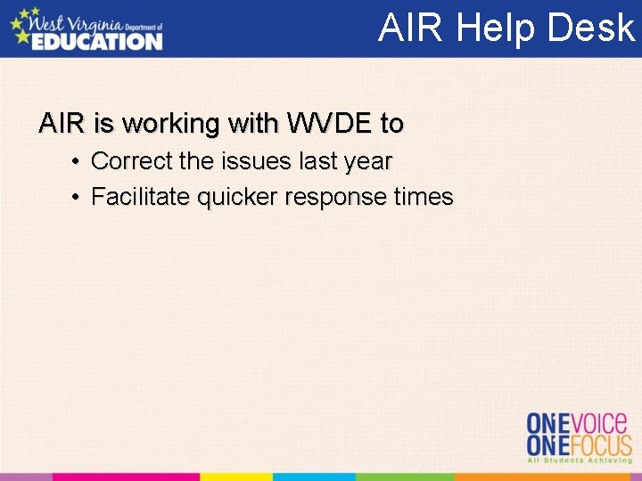 AIR Help Desk AIR is working with WVDE to • Correct the issues last