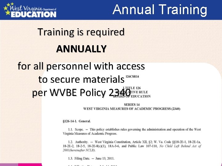 Annual Training is required ANNUALLY for all personnel with access to secure materials per
