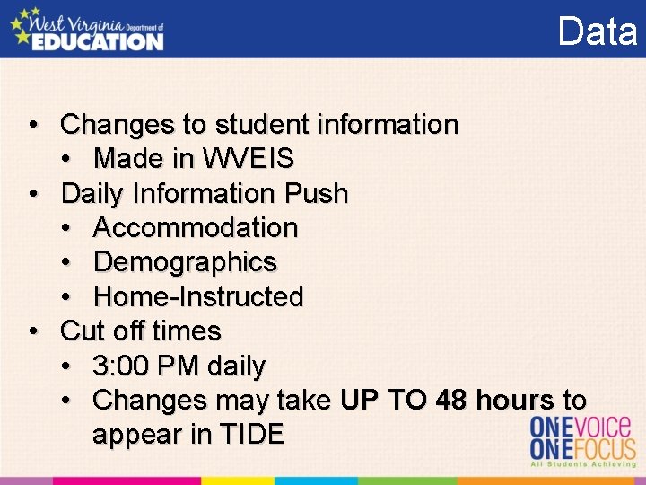 Data • Changes to student information • Made in WVEIS • Daily Information Push