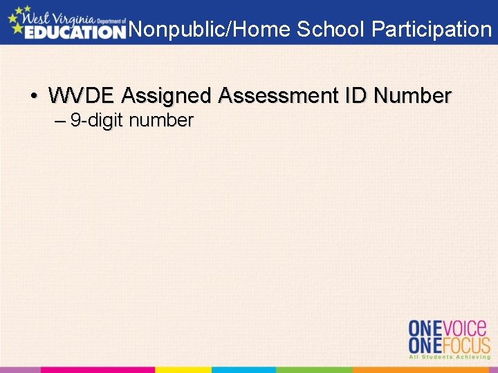Nonpublic/Home School Participation • WVDE Assigned Assessment ID Number – 9 -digit number 