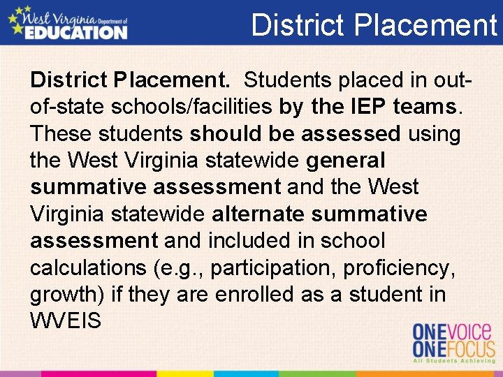 District Placement. Students placed in outof-state schools/facilities by the IEP teams. These students should