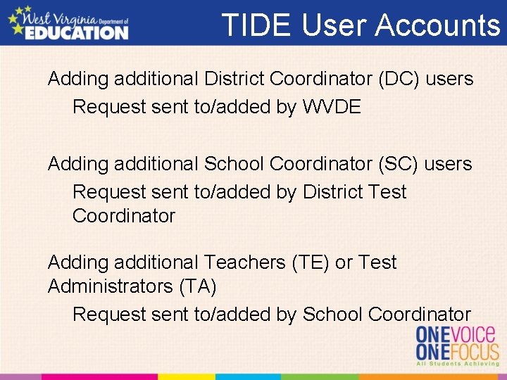 TIDE User Accounts Adding additional District Coordinator (DC) users Request sent to/added by WVDE