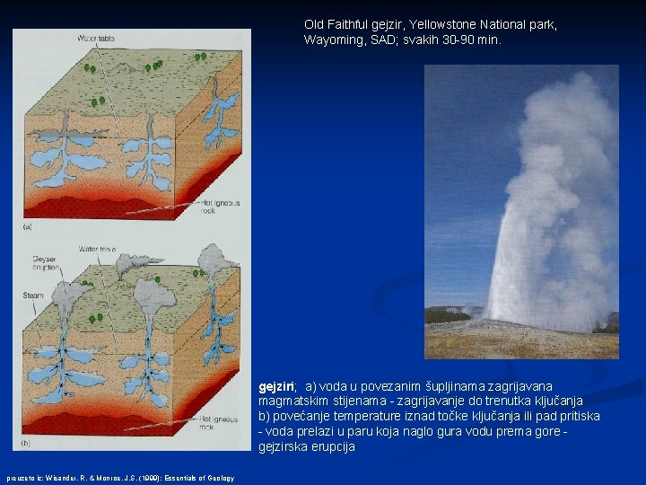 Old Faithful gejzir, Yellowstone National park, Wayoming, SAD; svakih 30 -90 min. gejziri; a)