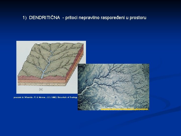 1) DENDRITIČNA - pritoci nepravilno raspoređeni u prostoru preuzeto iz: Wicander, R. & Monroe,